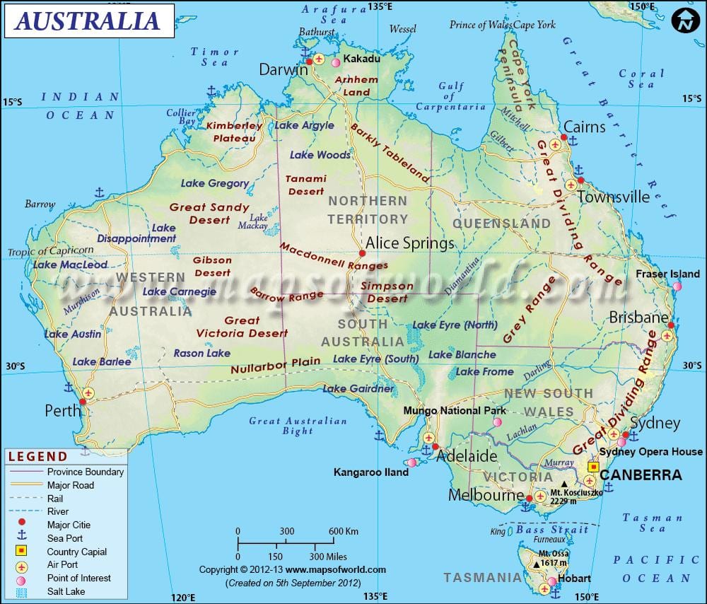 mapa da Austrália com capitais