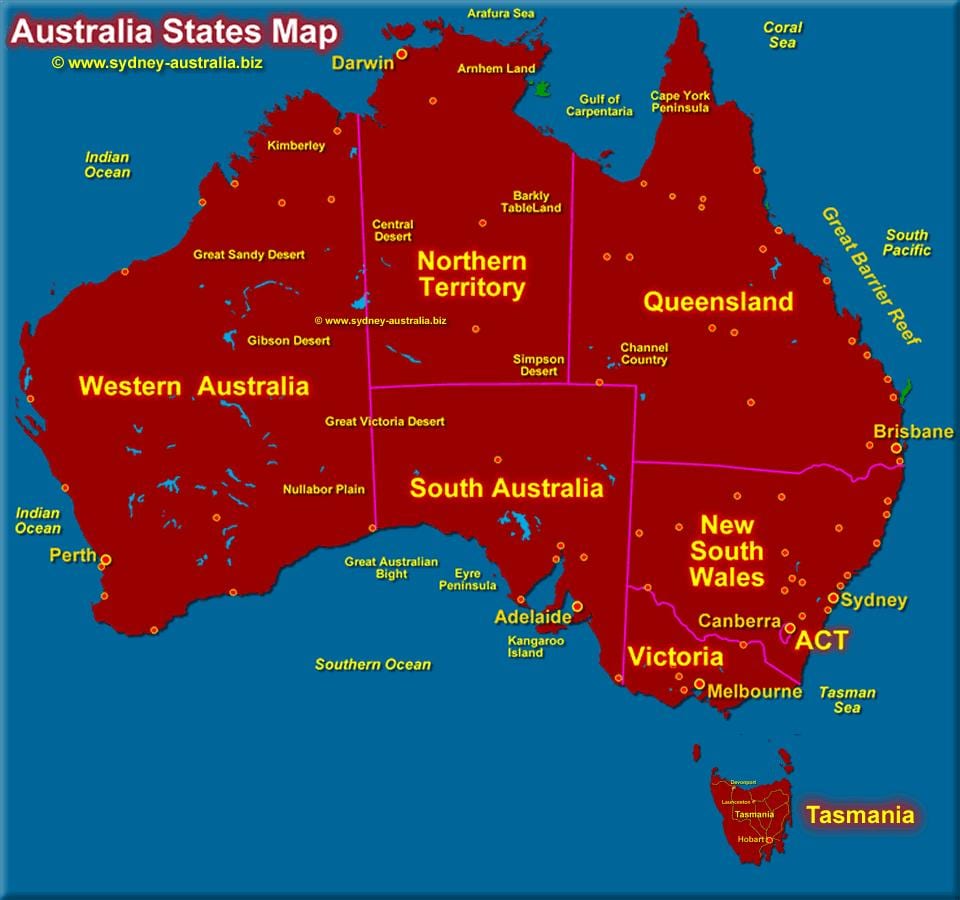 mapa da Austrália mostrando estados