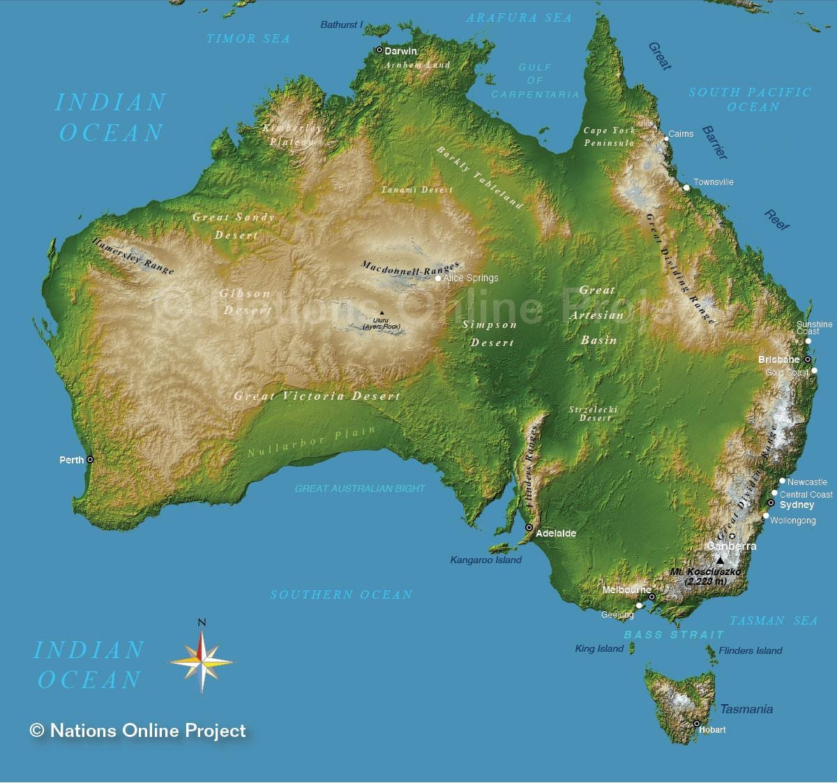 mapa de elevação da Austrália