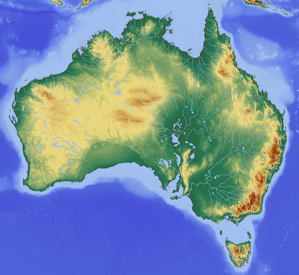 mapa topográfico da Austrália