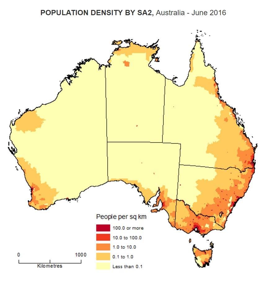 população mapa da Austrália