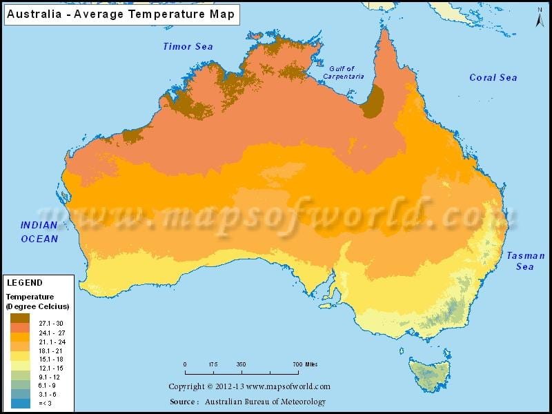 temperatura mapa de Austrália