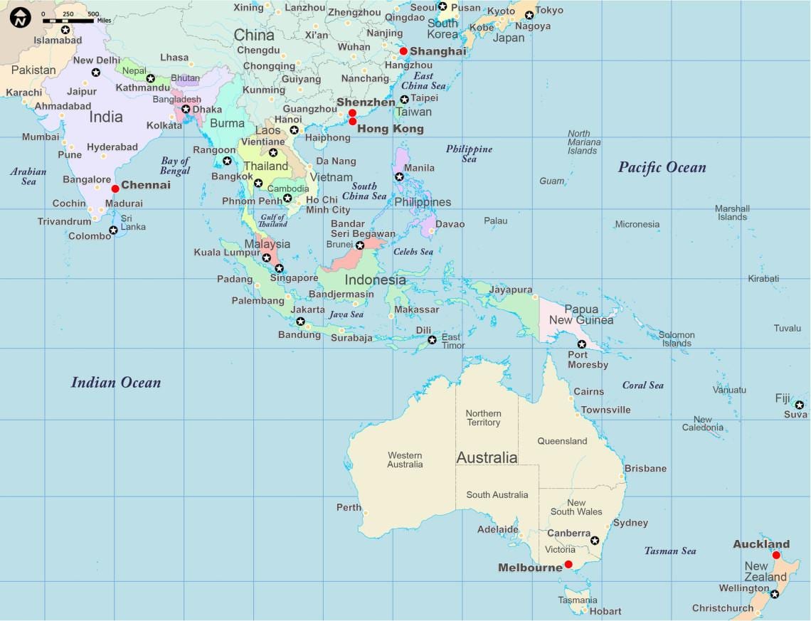 ásia e Austrália mapa