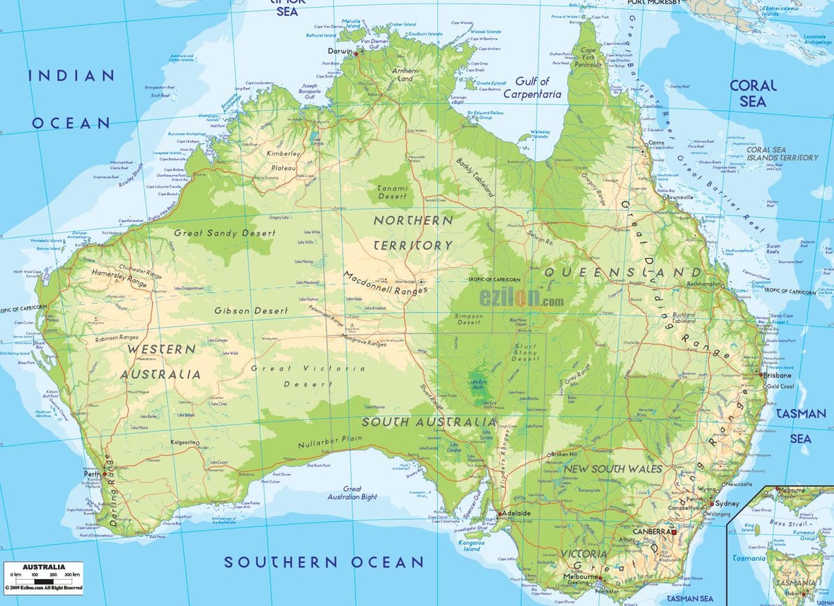 mapa geográfico da Austrália