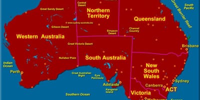 Mapa da Austrália mostrando estados