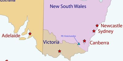 O monte Kosciuszko em um mapa da Austrália